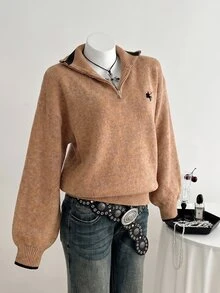 Elamini 女款半拉鍊寬鬆休閒毛衣 - 彩色 - 查看 1