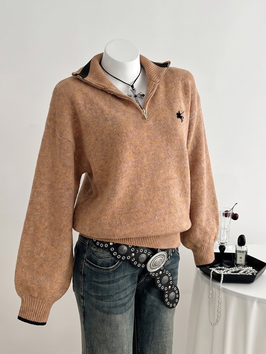 Elamini 女款半拉鍊寬鬆休閒毛衣 - 彩色 - 查看 1