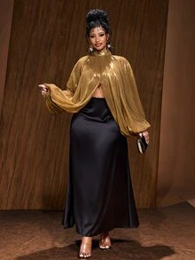 Maweii Plus Size Women's Sexy Metallic Split Hem Party Blouse - Gold - View 3