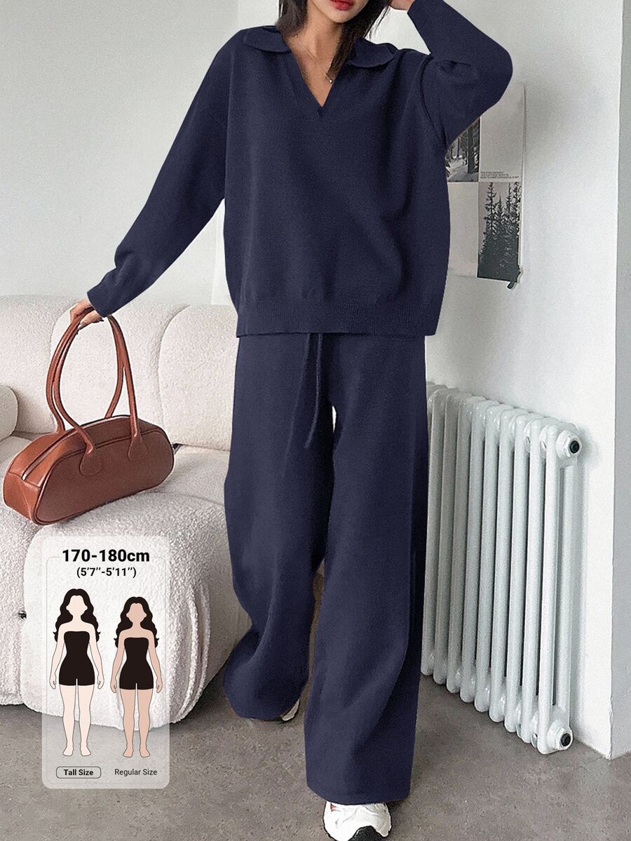 Dazy Tall Women's Loose Pullover Sweater And Long Pants Casual Knitwear 2 Pieces Set - Navy Blue - View 1