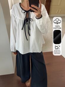 DAZY Autumn Elegant Contrast Color Tie Drawstring Petal Sleeve Women's Pajama Set - White - View 4