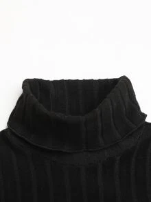 SHEIN 青少年女孩秋冬款白色毛絨針織高領休閒修身紋理羅紋打底衫，百搭極簡風T恤上衣 - 黑色 - 查看 4