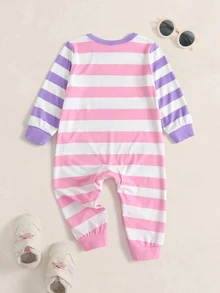 TOM & JERRY X SHEIN Baby Girl Striped Round Neck Long Sleeve Casual Romper - Pink - View 2