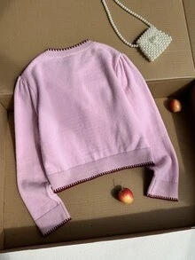 少女櫻桃刺繡長袖單排扣針織開襟衫 - 粉色 - 查看 2