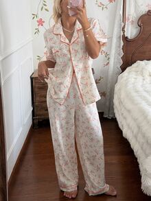CottageSlumber Women's Floral Print Lapel Short Sleeve Long Pants Bubble Crinkle Pajama Set - Burnt Orange - View 3
