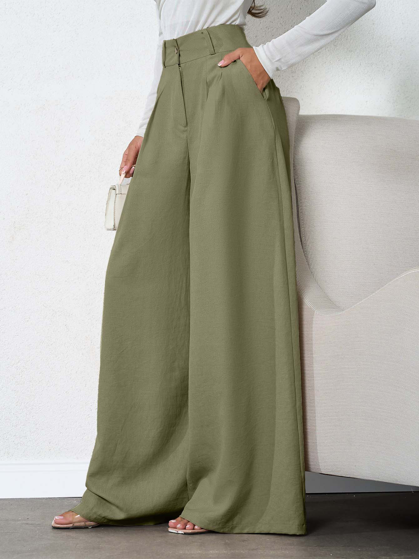 SHEIN بنطلون كتان مريح فضفاض للنساء بمقاس كبير، قطن 100%، أخضر جيشي، بطيات عميقة
