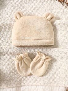SHEIN 3件組新生兒嬰兒連身褲 米色奶油色可愛絨毛熊貼布 3D耳朵 長袖加厚 戶外秋冬套裝 抓絨毛絨 - 杏色 - 查看 10
