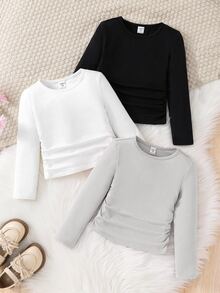 SHEIN Tween Girls' Casual Basics Solid Color Knitted Elastic Long Sleeve Undershirt Tops Mult - Multicolor - View 3