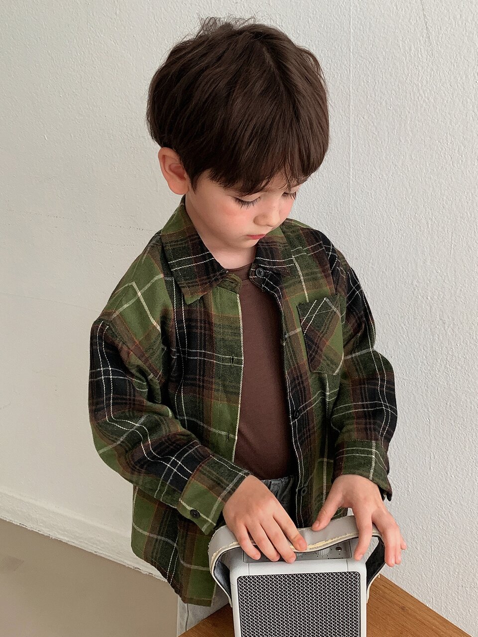 Loose Plaid Long Sleeve Casual Autumn Outerwear Turn-Down Collar Shirt Cool Young Boy Shirt