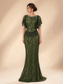 Serin Elegant Olive Green Lace Pearl Rhinestone Beaded Boat Neck Ruffle Ruched Bodycon Mermaid Train Mother Of The Bride Wedding Guest Summer Evening Gown - Olive Green - View 4