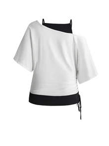 ROMWE Grunge Punk 復古音樂節派對骷髏紮染印花寬鬆不對稱肩 2 合 1 大尺碼 T-shirt - 白色 - 查看 2