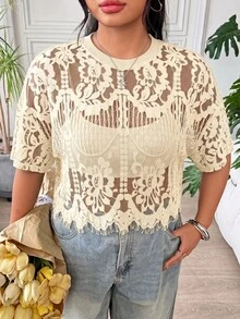 SHEIN EZwear 大尺碼女款蕾絲休閒百搭日常穿著上衣 - 杏色 - 查看 2
