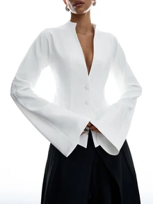 LYSMO Jaket Blazer Wanita Warna Polos Kasual Serbaguna untuk Perjalanan dan Berkomuter, Musim Gugur/Dingin - Krem - View 6