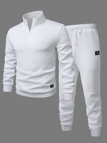 Manfinity Homme Men's Knitted Jacquard Solid Color Textured White Zipper Leather Patch Cuff Hem Leg Opening White Ribbed Pullover Sweatshirt Set - White - View 2