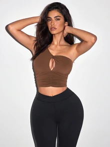 Sirith Solid Color One Shoulder Hollow Out Cropped Sports Tank Top - Coffee Brown - View 6