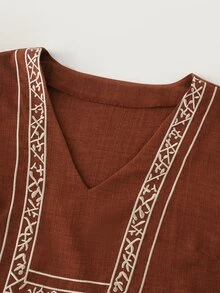 LUMIGAL Women's Linen V-Neck Long Sleeve Embroidered Casual Shirt - Redwood - View 3
