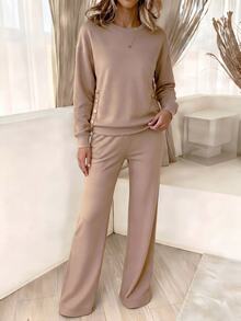SHEIN Women's Autumn Casual Solid Color Sweatshirt And Pants 2 Pieces Set - Khaki - View 5