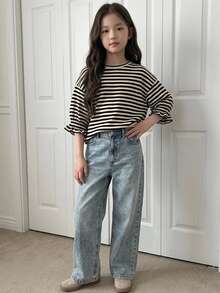 DAZY Tween Girls Apricot Knitted Striped Short Sleeve Round Neck Autumn Lantern Sleeve Loose T-Shirt - Apricot - View 3