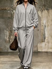 SHEIN LUNE Setelan Olahraga Kasual Longgar Kerah Tegak Terbaru untuk Wanita, Cocok untuk Sehari-hari, Bepergian, dan Berolahraga - Grey - View 4