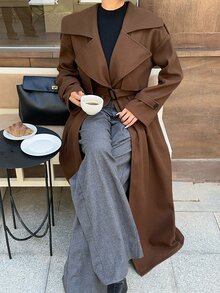 FavEase 2026 Autumn-Winter New Style Women's Tweed Coat With Belt, Buttoned Collar, Elegant For Business, Evening Out, Festive Wear, Basic Long Style Party - Brown - View 3
