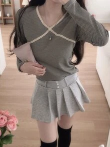 DAZY Women's V-Neck Striped Long Sleeve T-Shirt Fall - Grey - View 7