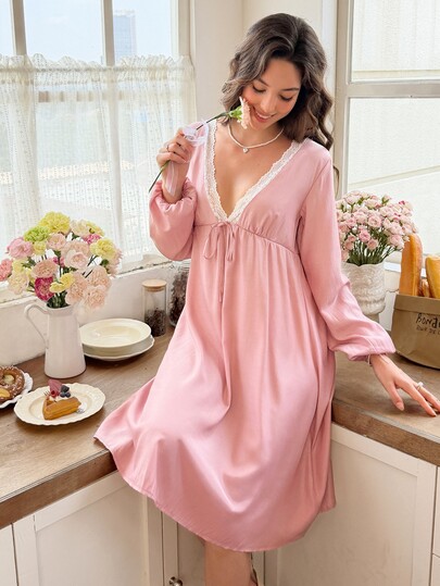 Snug Reverie Women's Romantic Fresh Lace Trim Loungewear Dress