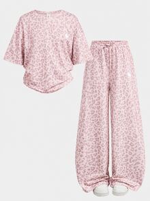 SHEIN Tween Girl 少女休閒日常寬鬆時尚圓領豹紋與小馬圖案 T恤長褲套裝 - 粉色 - 查看 8