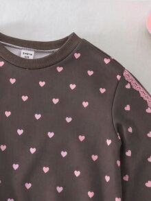 SHEIN 女嬰可愛波點愛心衛衣與鬆緊腰長褲套裝 - 棕色 - 查看 3