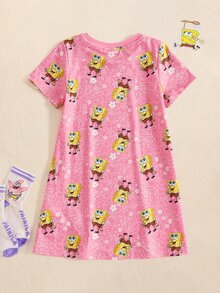 SpongeBob SquarePants | SHEIN 少女卡通印花休閒日常居家短袖睡裙 - 粉色 - 查看 2