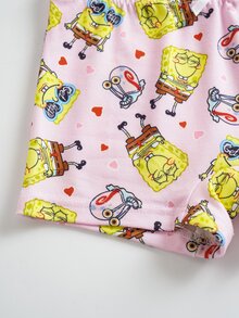 SpongeBob SquarePants | SHEIN طقم ملابس داخلية كاميسول وشورت بطبعة كرتونية للفتيات الصغيرات - وردي - مشاهدة 7