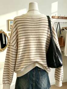 Lalippa Women's Striped Regular Fit Off-Shoulder Loose Long Sleeve Sweater - Apricot - View 3