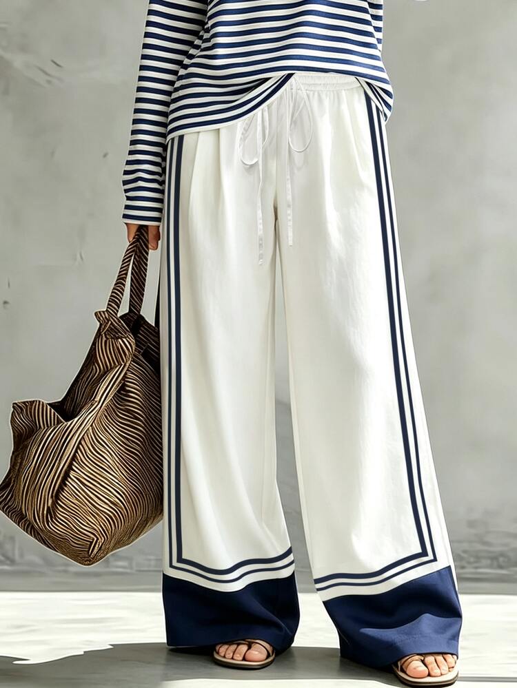 Trelyra Women's Nautical Striped Wide Leg Pants, White & Navy Blue Contrast Trim, High Waist Loose Long Pants, Casual Ocean Style Striped Elastic Waist Design, Summer Beach Long Pants - White - View 1