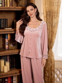 PalaceNights Women's Embroidered Lace Velvet Winter Set - Pink - View 7