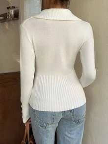 Autumina Asymmetrical Collar Design Sleeve Button Detail Ribbed Slim Fit Versatile Vintage Vibe Autumn/Winter Long Sleeve Knit Sweater - White - View 2