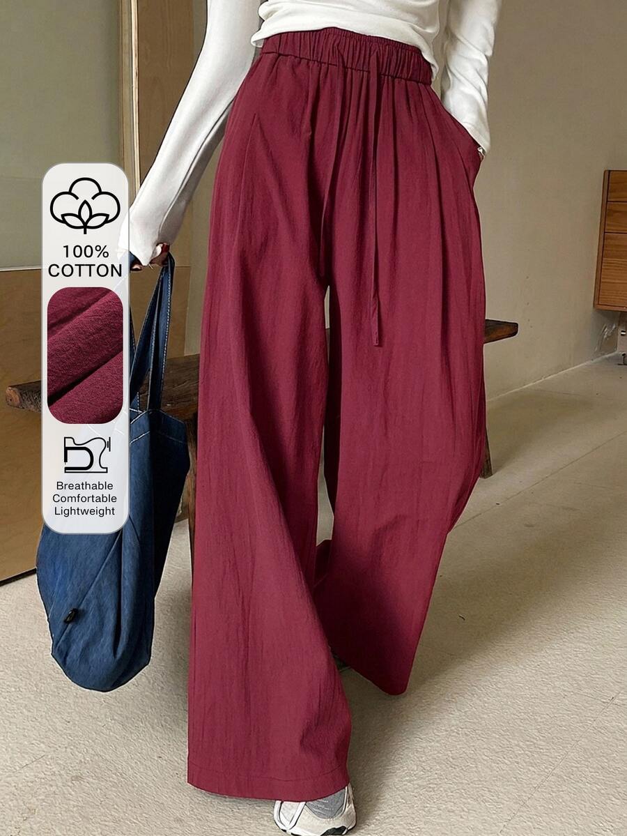 DAZY Solid Color Loose Wide Leg Pants With Elastic Waist Casual Summer Women Long Pants - Burgundy - View 1