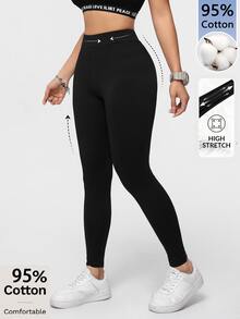 SHEIN Essnce 95%棉純色休閒運動針織緊身褲－四季穿著舒適日常長褲 - 黑色 - 查看 3