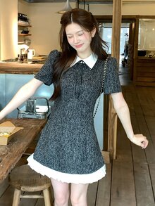Dazy Tall Gaun Kasual Wanita Motif Blok Warna untuk Harian, Musim Panas, Perjalanan, dan Musim Gugur - Dark Grey - View 5