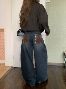 DAZY Celana Jeans Denim Longgar Kasual Wanita dengan Blok Warna untuk Musim Gugur - Grey - View 6