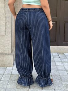 Rivivi 大尺碼女款無彈力丹寧深藍條紋燈籠褲，翻邊牛仔褲 - 深色水洗藍 - 查看 2