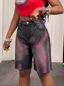 SHEIN Unity Women's Casual Y2k 90s Washed Rhinestone Denim Shorts Work Night Club Club Night Outfits For Women Dark Grey Summer - Black - View 7