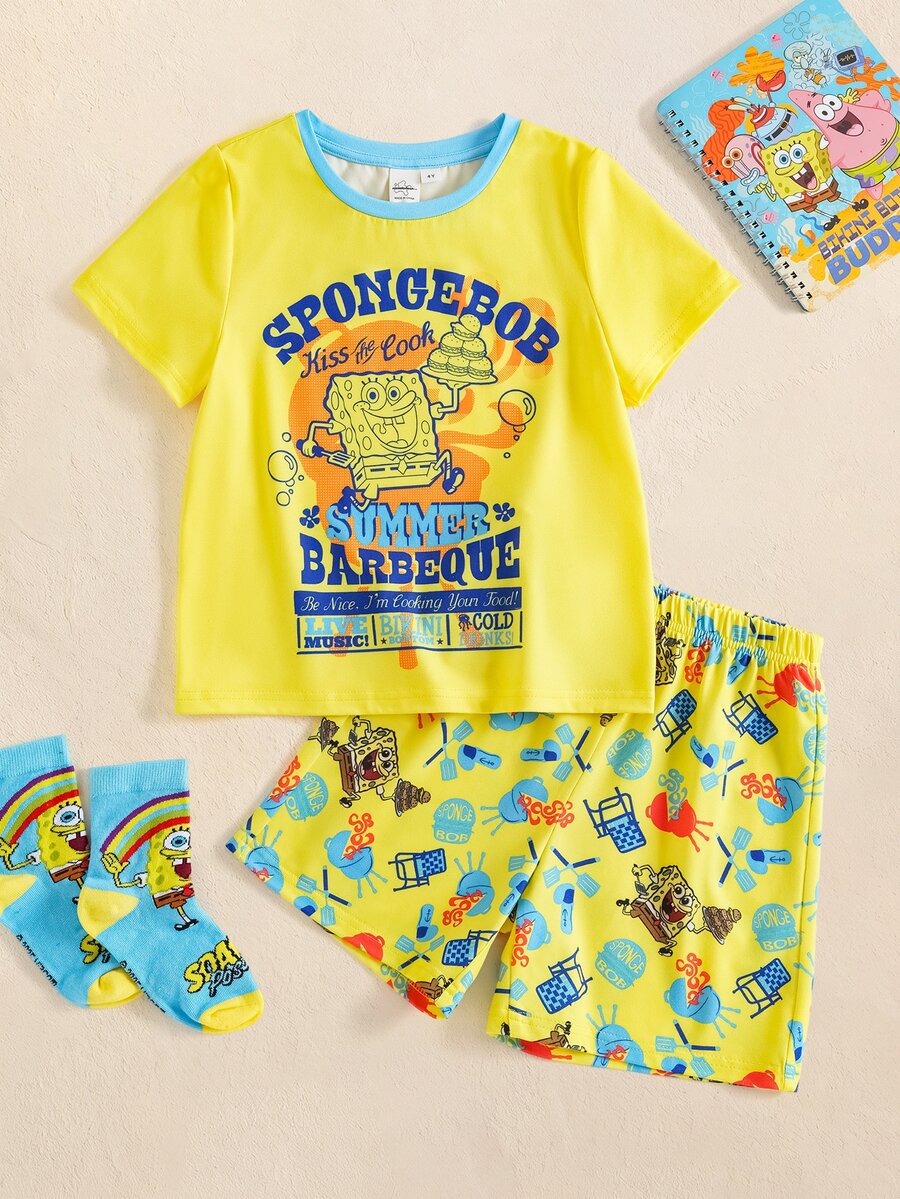 SpongeBob SquarePants | SHEIN 小男孩卡通印花短袖上衣與休閒短褲家居服套裝 - 黃色 - 查看 1