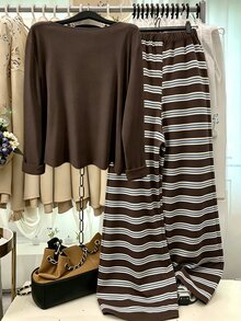 GlowEve CURVE Spring/Autumn Knitted Long Sleeve Cardigan With Front Button Closure, Striped Slim Fit With Drawstring Strap Decor, Elegant Commuter Style Plus Size 2-Piece Set With Pants - Brown - View 2