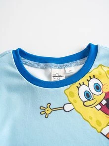 SpongeBob SquarePants | SHEIN Young Boy Cartoon Print Top And Long Pants Snug Fit Loungewear - Blue - View 3