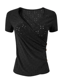 SHEIN LUNE Kaos Wanita Kasual Musim Panas Warna Polos Bertekstur Model Wrap - Hitam - View 3