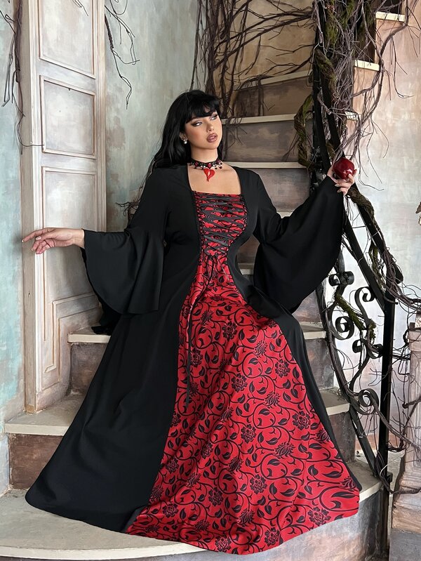 Lyrianda Plus Size Women's Printed Gothic Style Long Red Patchwork Dress - Autumn/Winter Bell Sleeve Drawstring Neckline A-Line Maxi Dress, Elegant Vintage, Sweet & Cute, Elegant Court Style Party Dress, Suitable For Halloween, New Year, Christmas, All-Season Wear, Autumn Dress, Colorblock Design