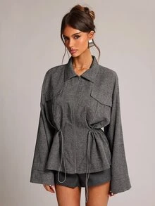 SHEIN BAE 女款秋冬日常通勤百搭紋理翻領金屬拉鍊彈性收腰長袖夾克 - 灰色 - 查看 3