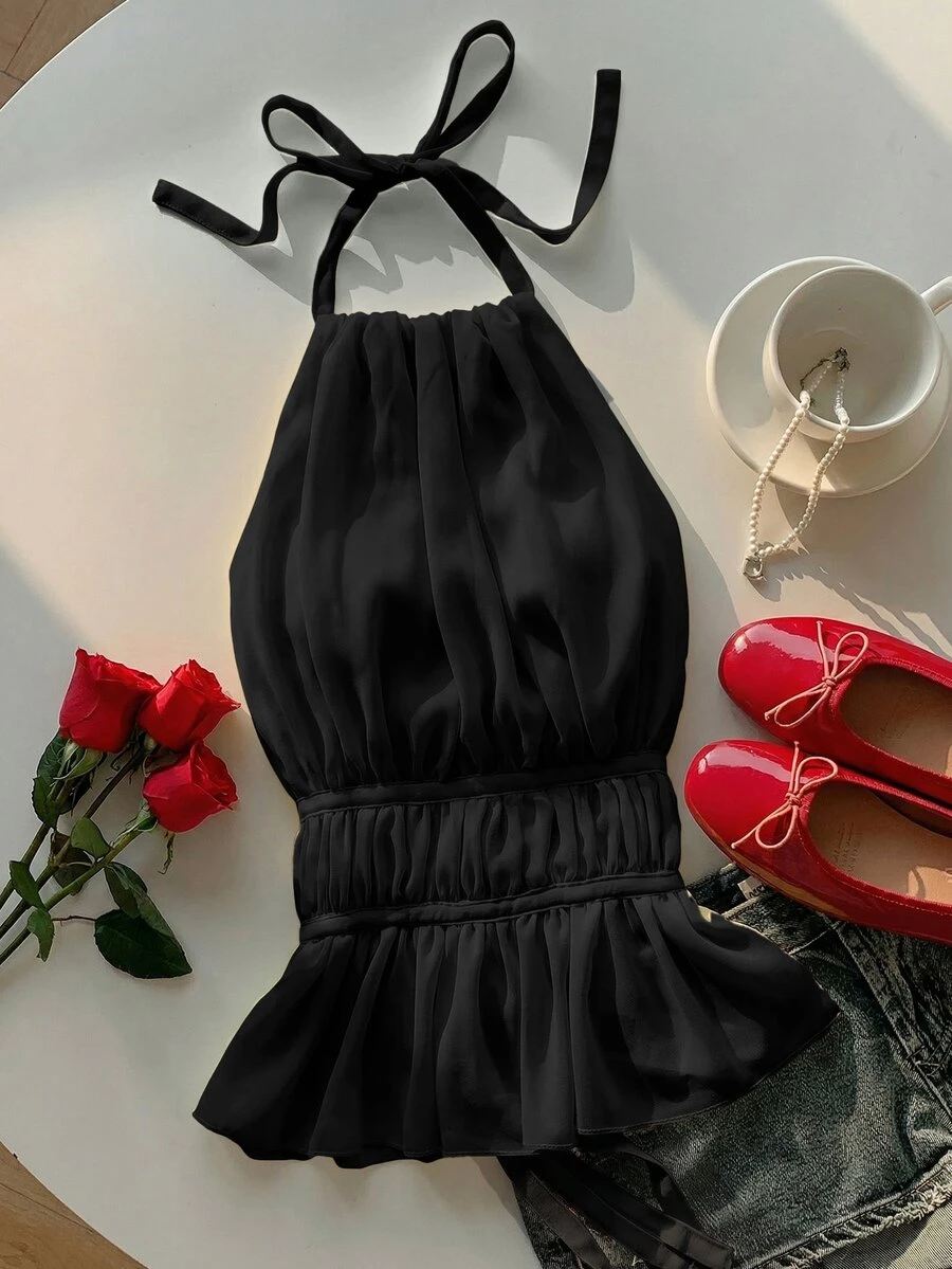 SHEIN EZwear 春夏女款黃色抓皺掛脖收腰露背綁帶背心上衣 - 黑色 - 查看 1