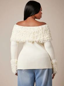 Radiana Plus Size Women's Solid Color Off-Shoulder Long Sleeve Side Slit Hem Fashion Pullover Sweater Fall - White - View 2