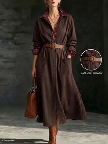 Omancia Women's Plaid Patchwork Pleated Casual Summer Midi Dress - Coffee Brown - View 3