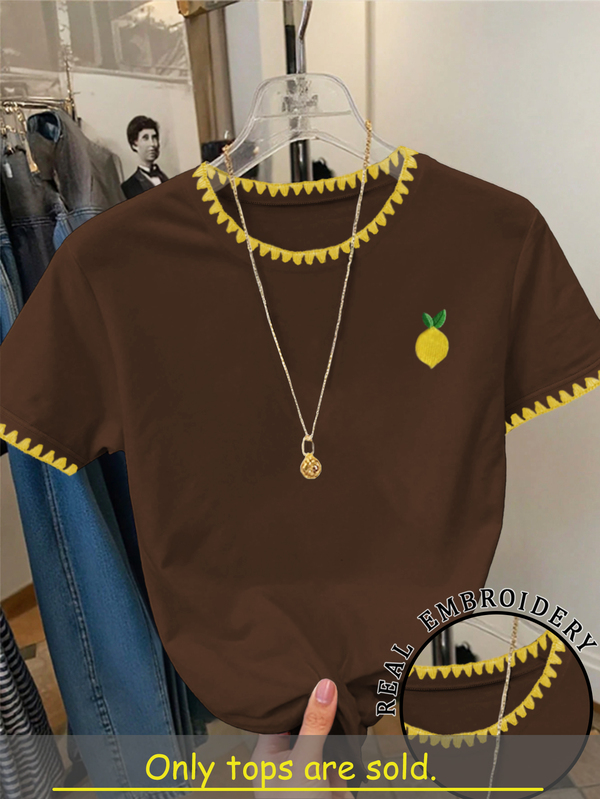 Resyla Kaos Wanita Ukuran Besar, Kaos Lengan Pendek Leher Bulat Longgar, Kaos Wanita Elegan, Cocok untuk Pakaian Sehari-hari dan Acara Kencan, Atasan Lengan Pendek Wanita, Atasan Wanita Musim Panas, Atasan Wanita Terbaru, Motif Lemon, Kaos Bordir